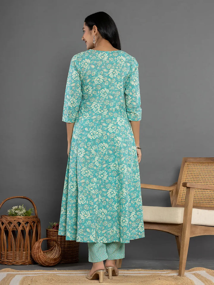 Sea Green Mirror_Work Cotton Anarkali Kurta Duppta Set-Yufta Store-1895SKDSGS