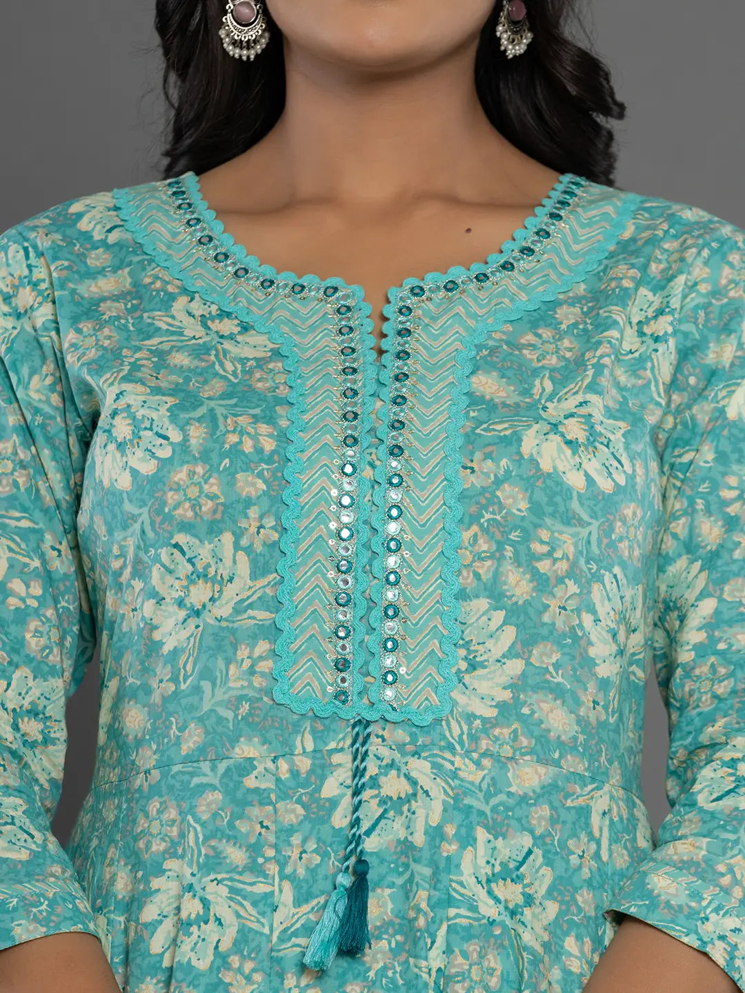 Sea Green Mirror_Work Cotton Anarkali Kurta Duppta Set-Yufta Store-1895SKDSGS