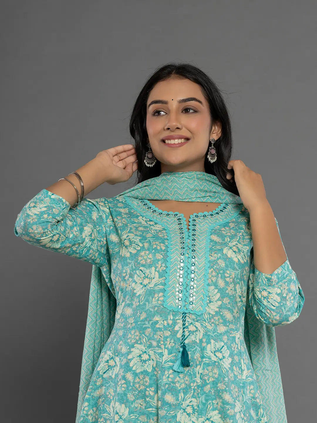 Sea Green Mirror_Work Cotton Anarkali Kurta Duppta Set-Yufta Store-1895SKDSGS