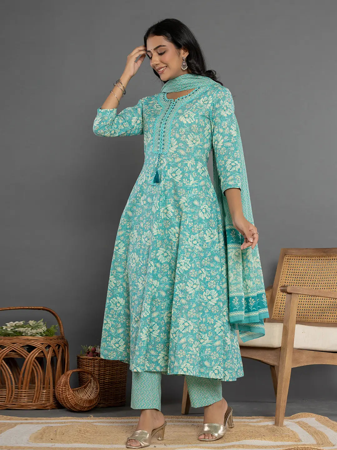 Sea Green Mirror_Work Cotton Anarkali Kurta Duppta Set-Yufta Store-1895SKDSGS