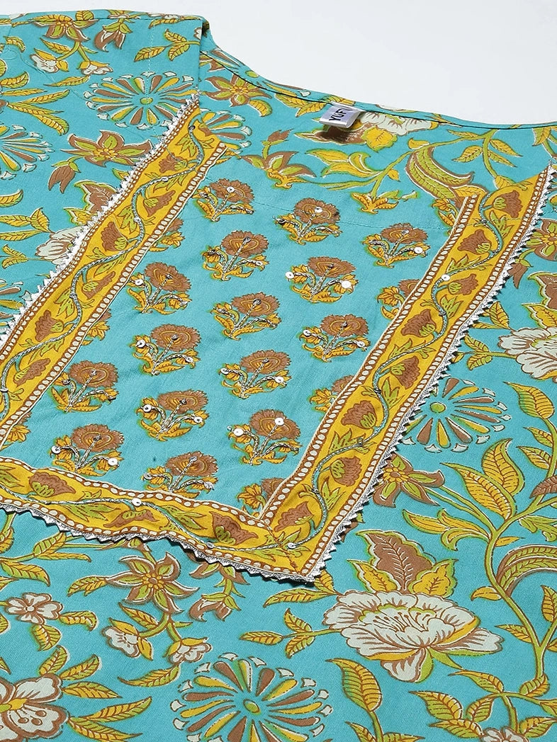 Sea Green Printed Cotton Dupatta Set-Yufta Store-4783SKDSGM
