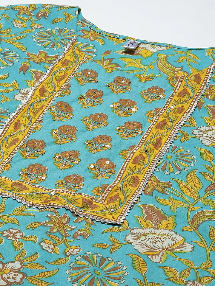 Sea Green Printed Cotton Dupatta Set-Yufta Store-4783SKDSGM