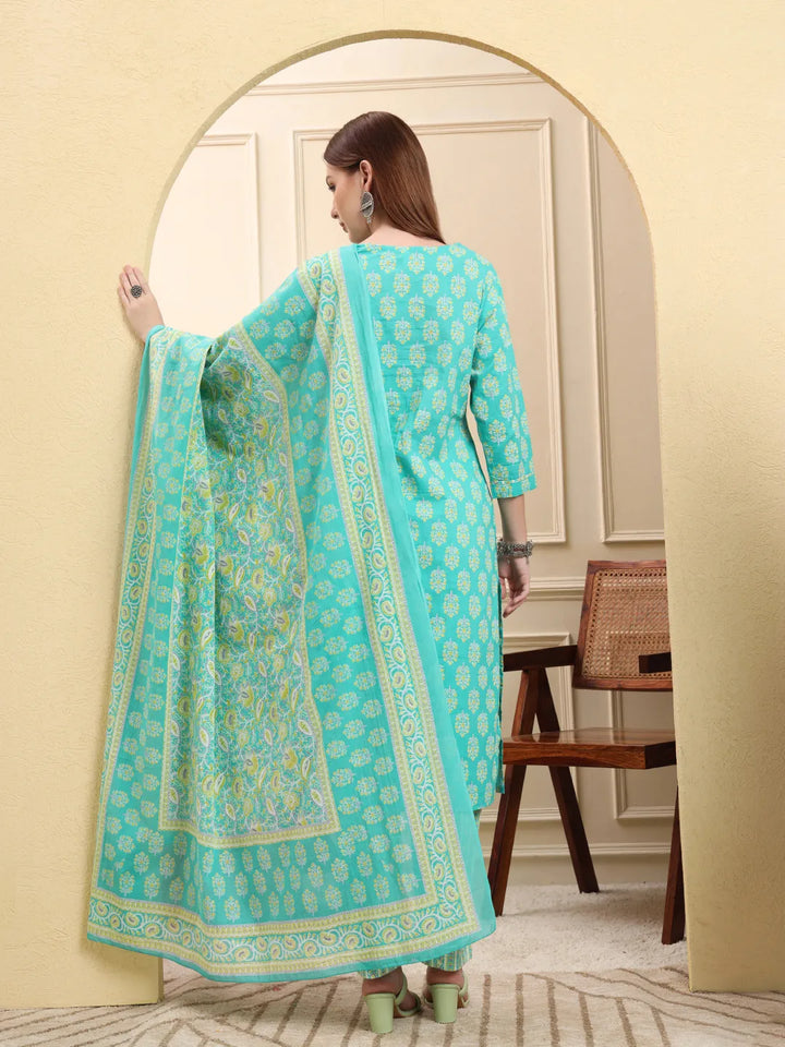 Sea Green Pure Cotton Beads And Stones Straight Kurta Trouser Dupatta Set