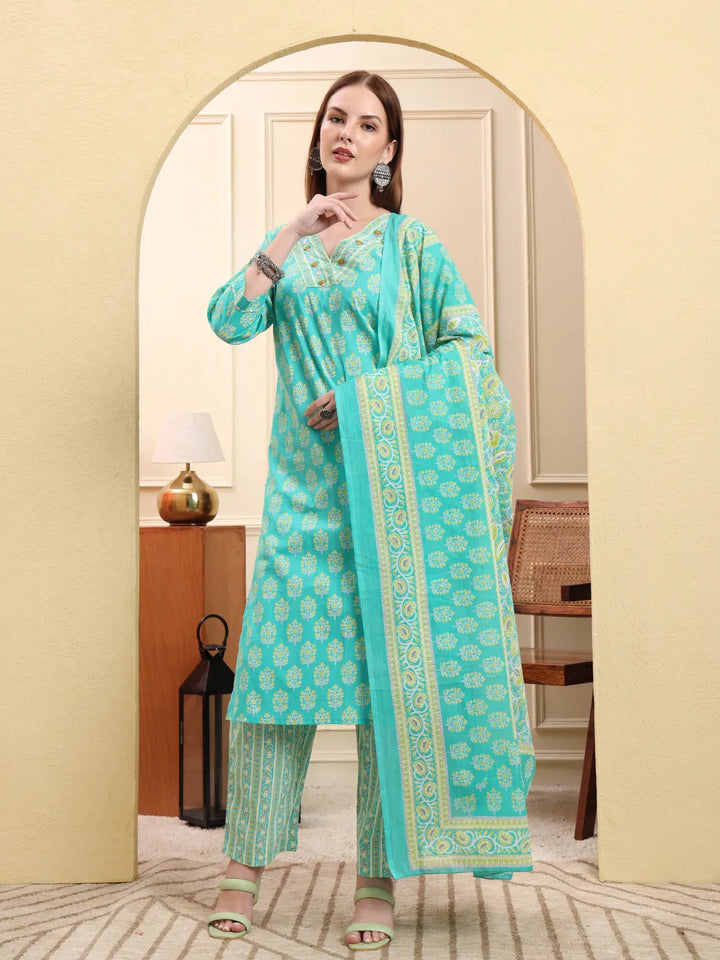 Sea Green Pure Cotton Beads And Stones Straight Kurta Trouser Dupatta Set
