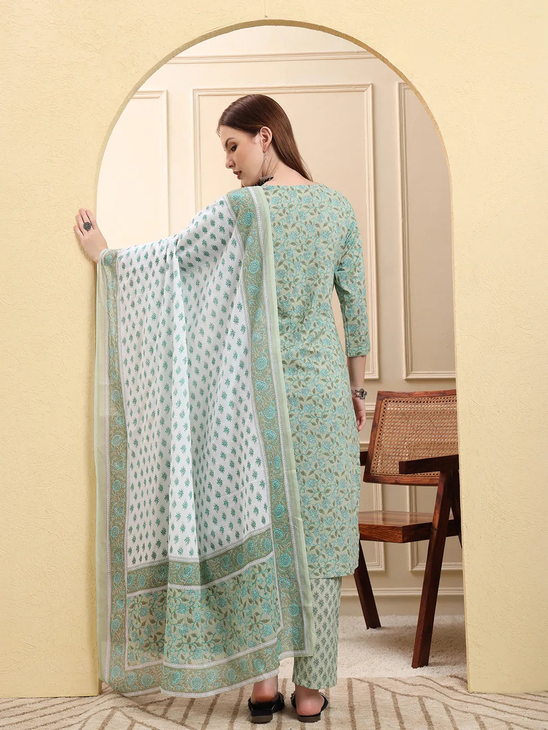 Sea Green Pure Cotton Floral Sequins-Work Straight Kurta Trouser Dupatta Set