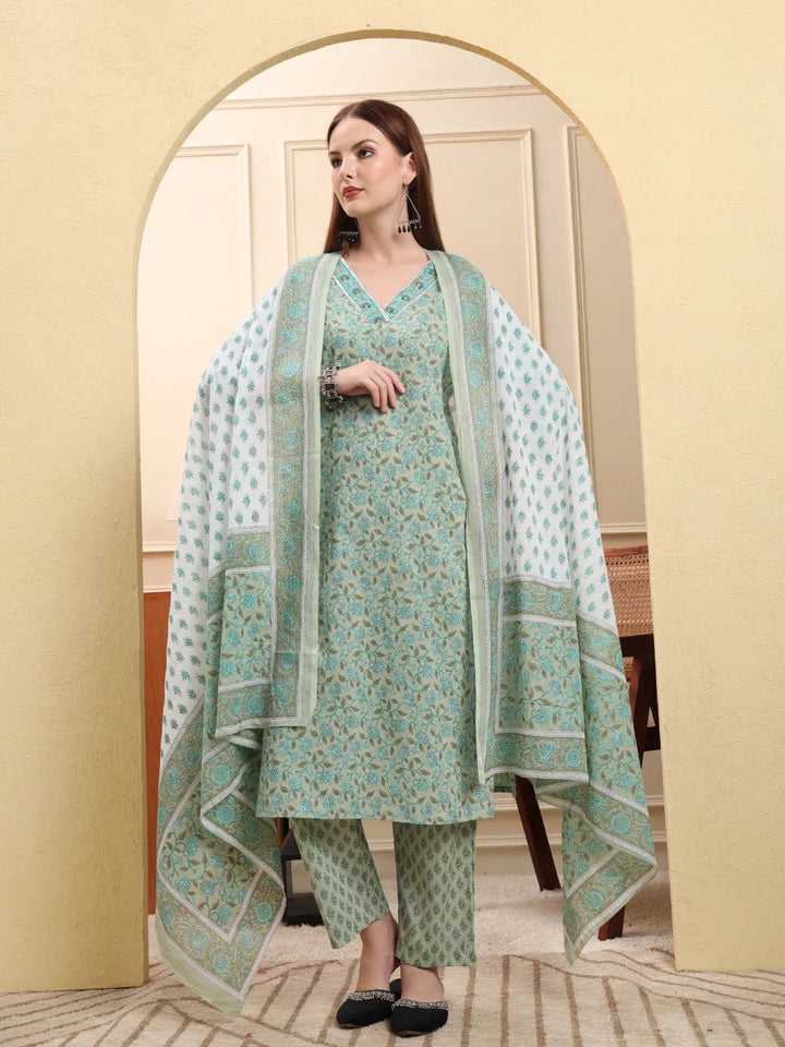 Sea Green Pure Cotton Floral Sequins-Work Straight Kurta Trouser Dupatta Set