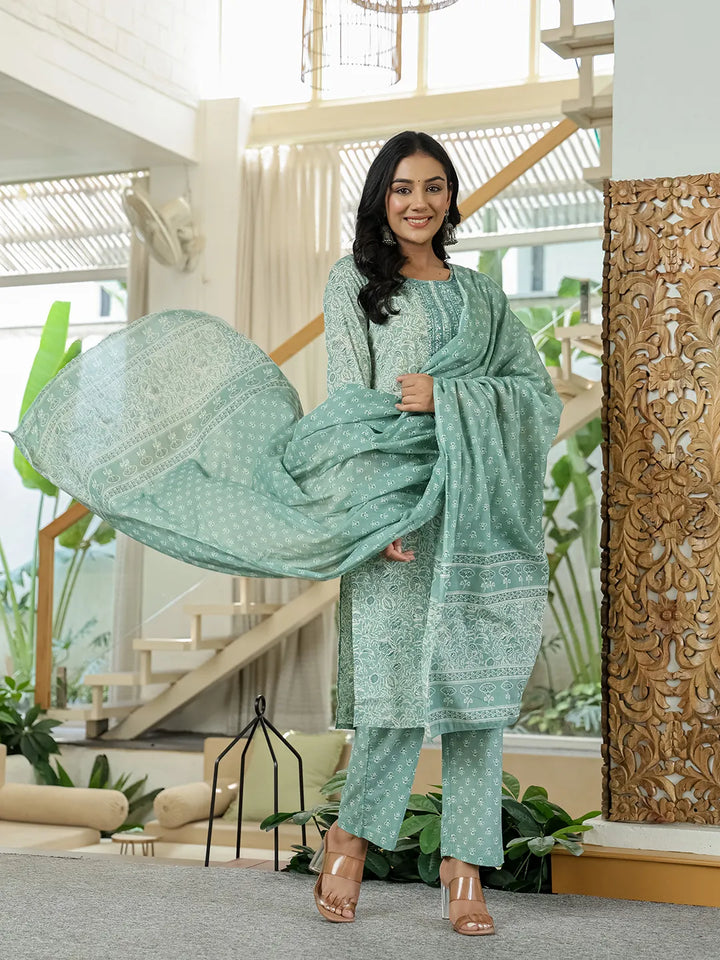 Sea Green Pure Cotton Thread Work Sequins Work Kurta Dupatta Pant Set-Yufta Store-6543SKDSGM