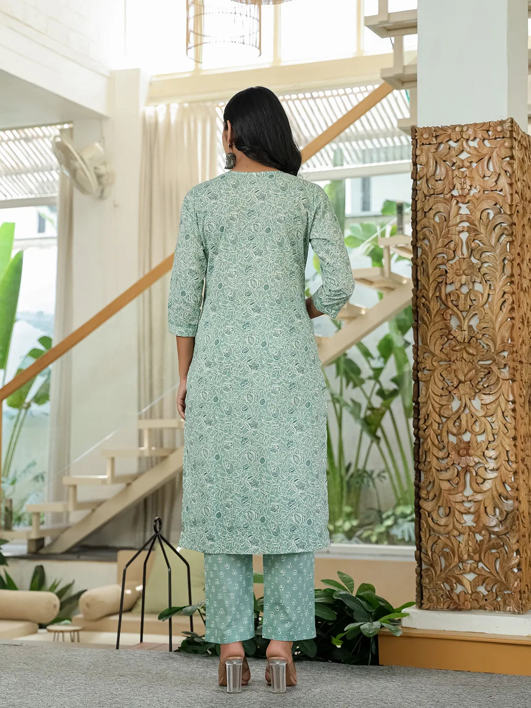 Sea Green Pure Cotton Thread Work Sequins Work Kurta Dupatta Pant Set-Yufta Store-6543SKDSGM