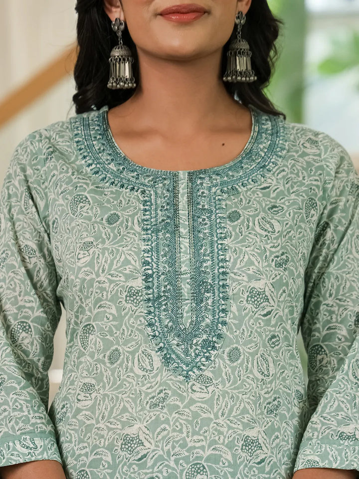 Sea Green Pure Cotton Thread Work Sequins Work Kurta Dupatta Pant Set-Yufta Store-6543SKDSGM
