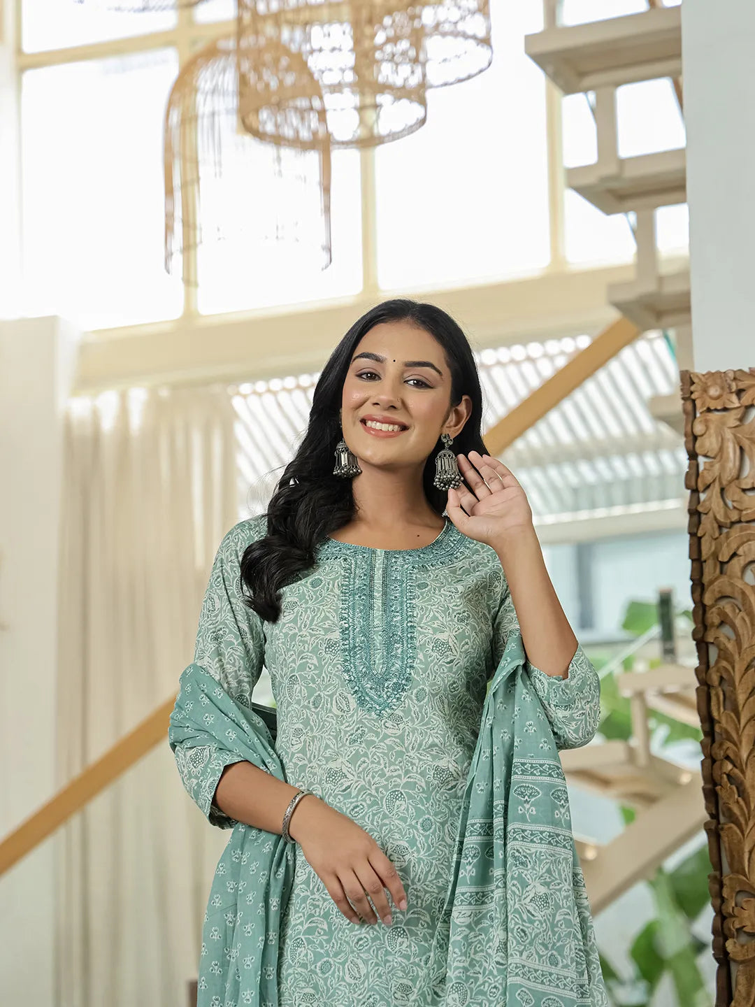 Sea Green Pure Cotton Thread Work Sequins Work Kurta Dupatta Pant Set-Yufta Store-6543SKDSGM