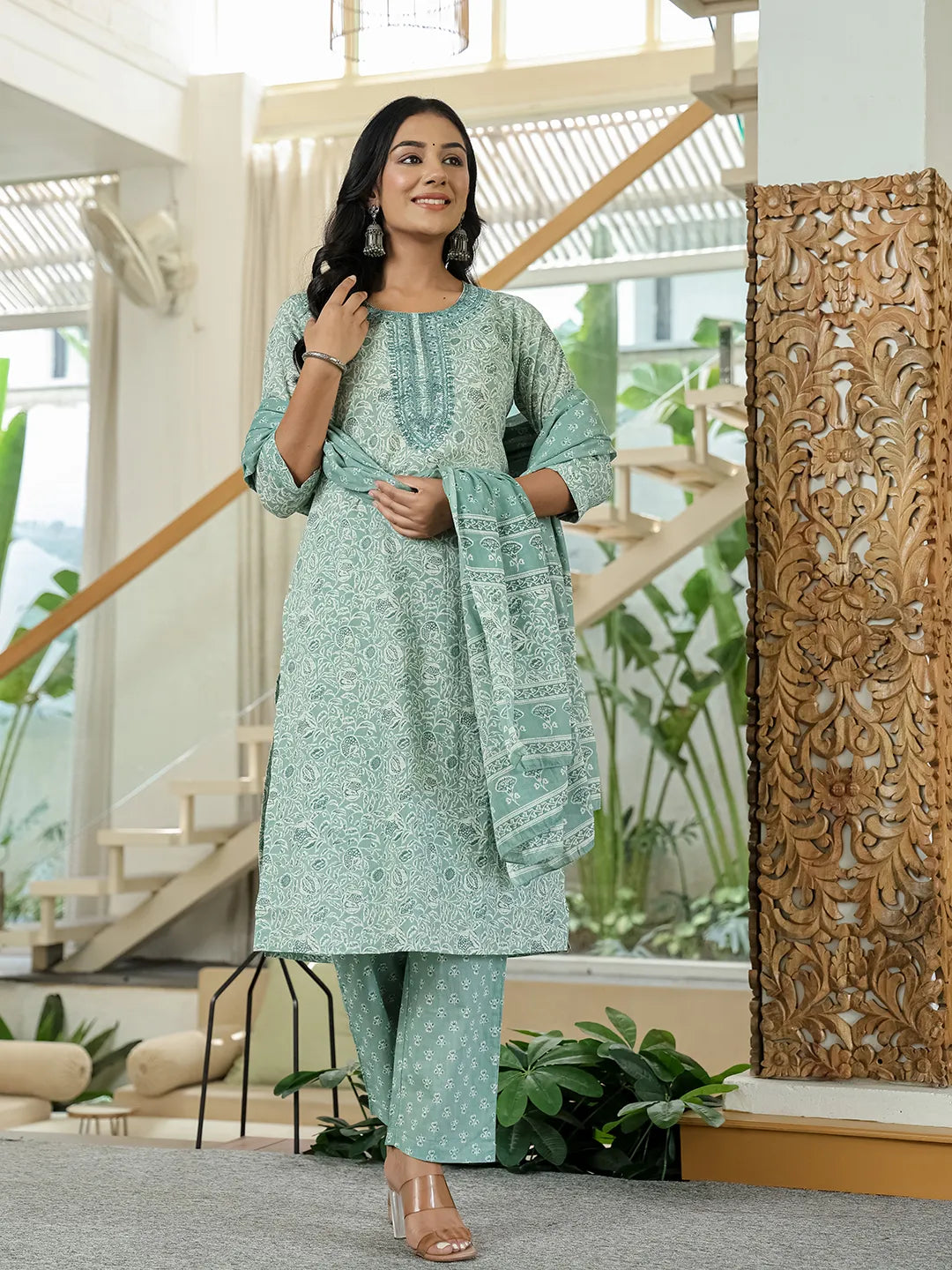 Sea Green Pure Cotton Thread Work Sequins Work Kurta Dupatta Pant Set-Yufta Store-6543SKDSGM