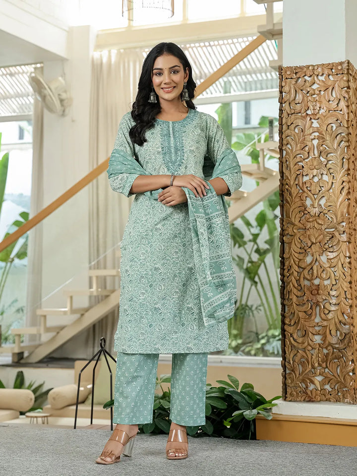 Sea Green Pure Cotton Thread Work Sequins Work Kurta Dupatta Pant Set-Yufta Store-6543SKDSGM