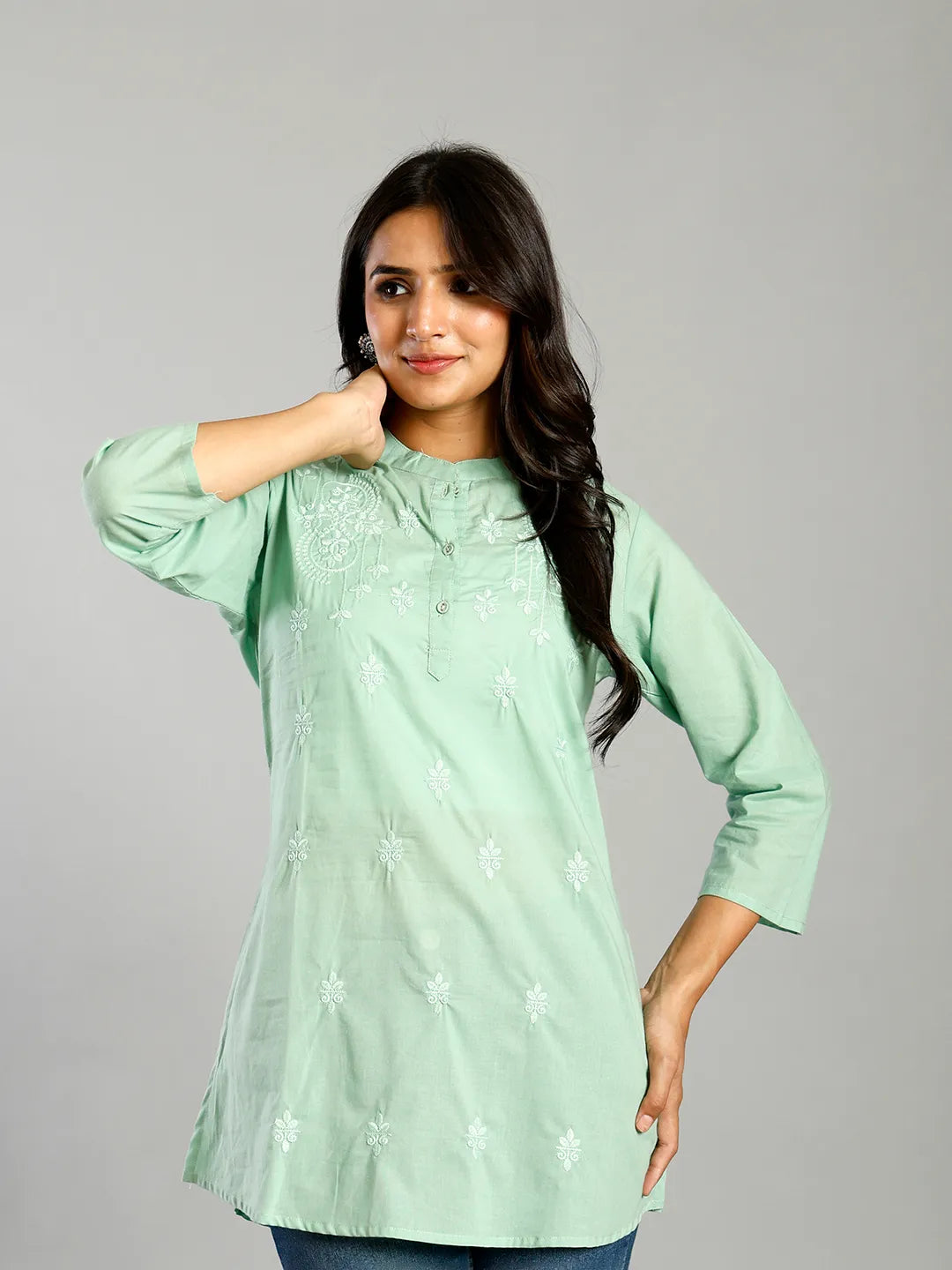 Sea Green Regular Style Top Design Embroidered-Yufta Store-6699TOPSGS
