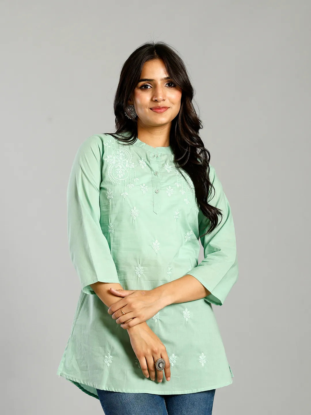 Sea Green Regular Style Top Design Embroidered-Yufta Store-6699TOPSGS