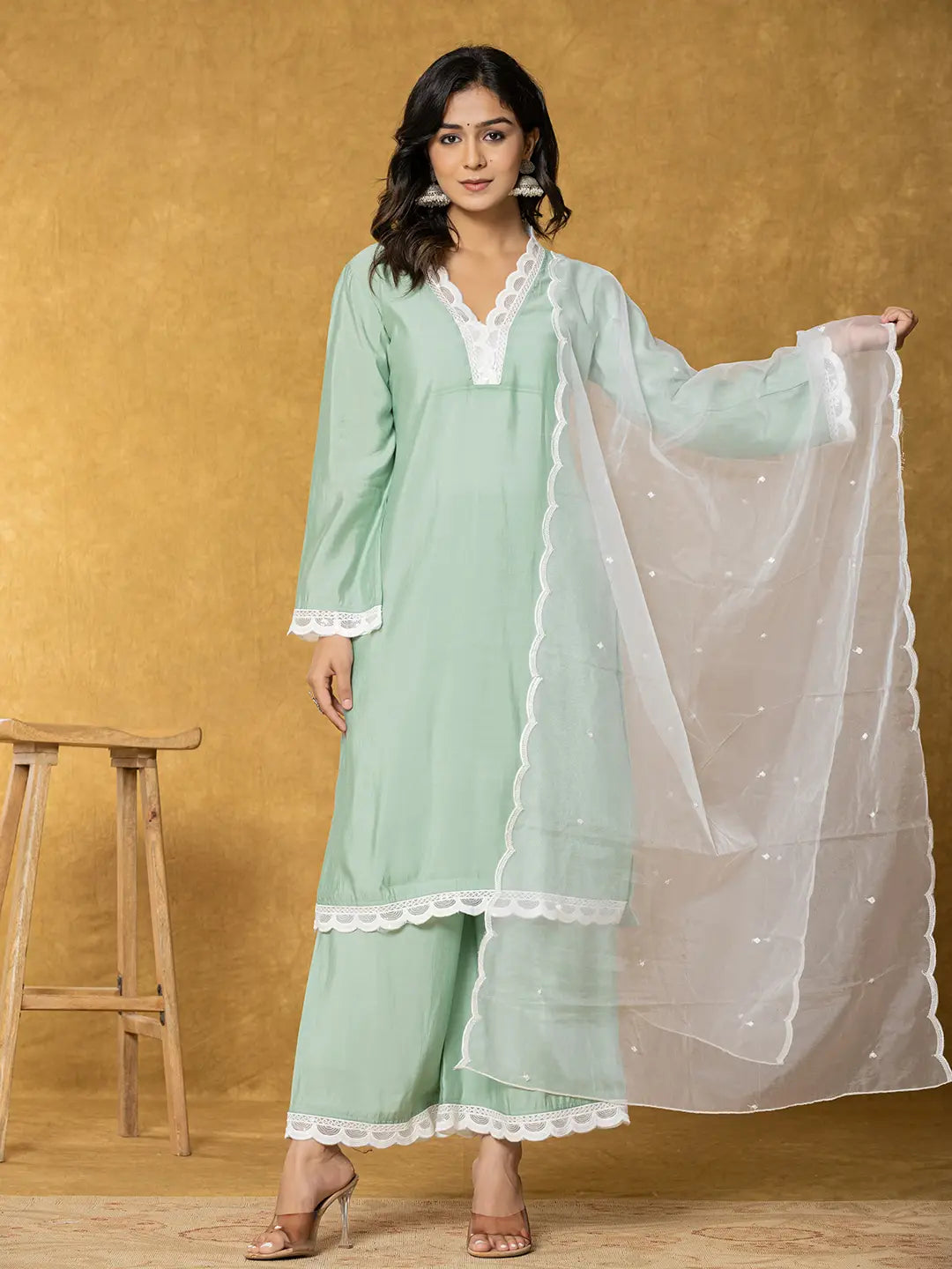 Sea Green Silk Kurta Set With Palazzo And Dupatta With Cotton Lining-Yufta Store-7330SKDSGS