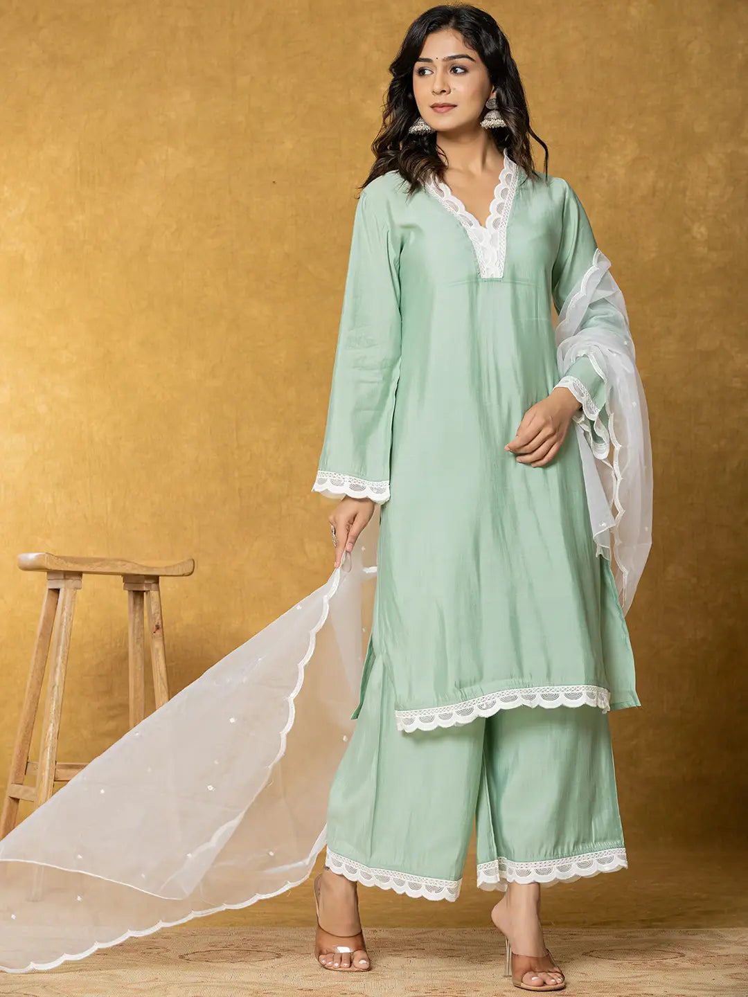 Sea Green Silk Kurta Set With Palazzo And Dupatta With Cotton Lining-Yufta Store-7330SKDSGS