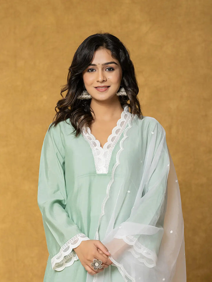 Sea Green Silk Kurta Set With Palazzo And Dupatta With Cotton Lining-Yufta Store-7330SKDSGS