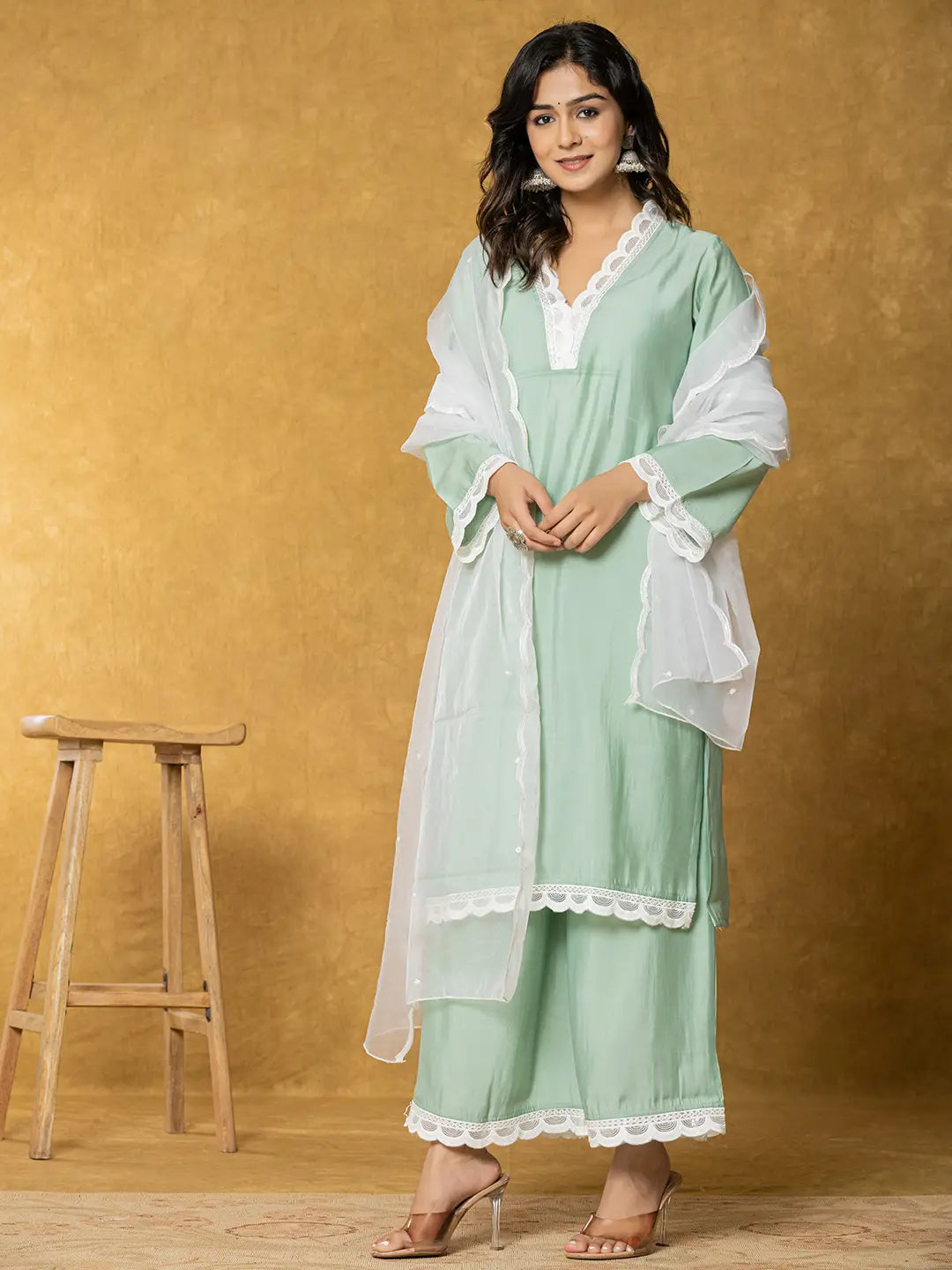 Sea Green Silk Kurta Set With Palazzo And Dupatta With Cotton Lining-Yufta Store-7330SKDSGS