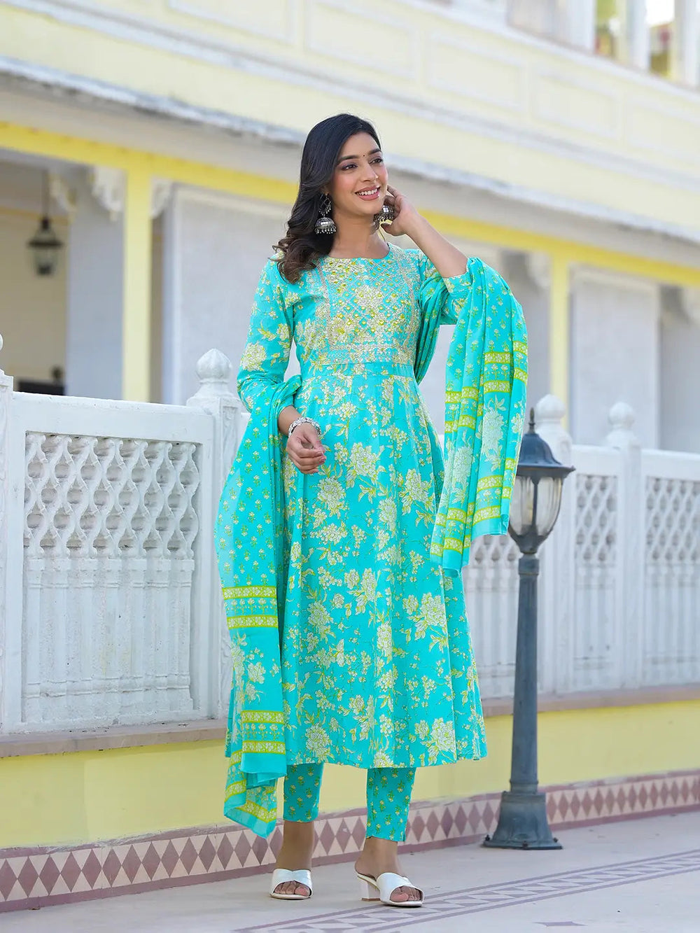 Sea Green Zari_Work Anarkali Pant Dupatta Set-Yufta Store-6930SKDSGS