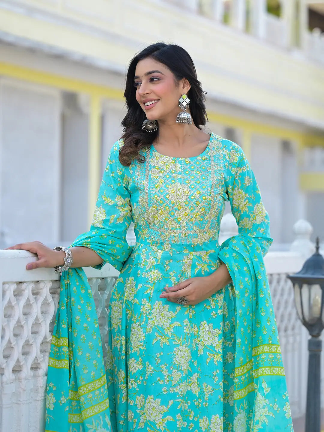 Sea Green Zari_Work Anarkali Pant Dupatta Set-Yufta Store-6930SKDSGS