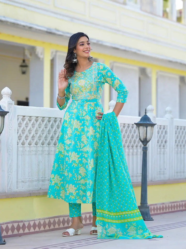 Sea Green Zari_Work Anarkali Pant Dupatta Set-Yufta Store-6930SKDSGS