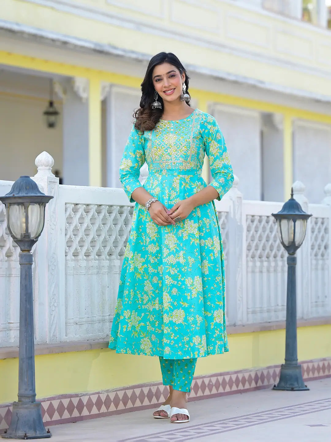 Sea Green Zari_Work Anarkali Pant Dupatta Set-Yufta Store-6930SKDSGS