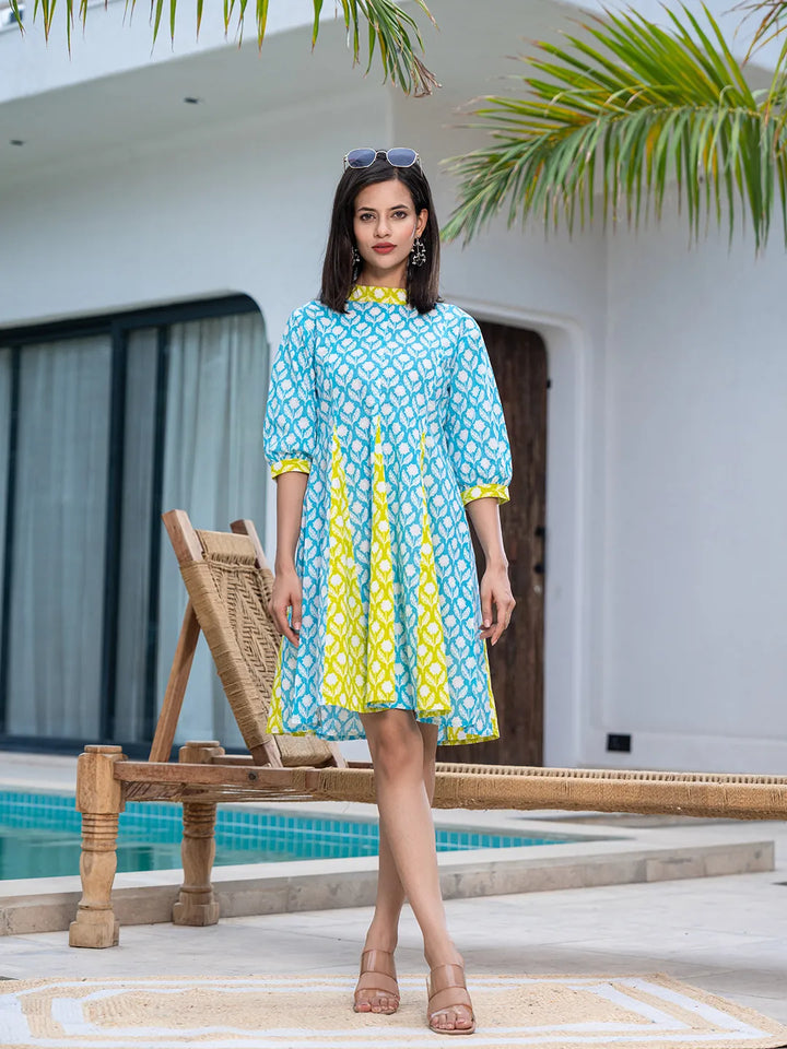 Sky Blue & Lime Green Pure Cotton Colour blocking Dress-Yufta Store-1056DRSSBS