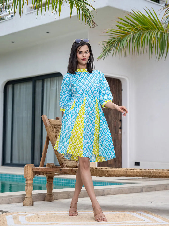 Sky Blue & Lime Green Pure Cotton Colour blocking Dress-Yufta Store-1056DRSSBS