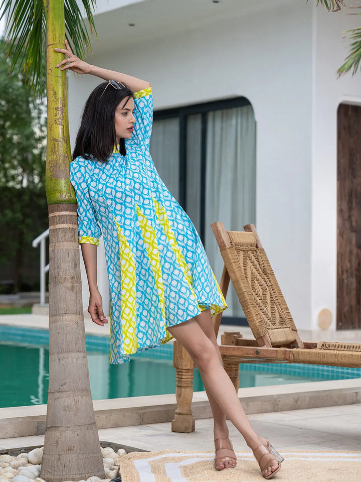 Sky Blue & Lime Green Pure Cotton Colour blocking Dress-Yufta Store-1056DRSSBS