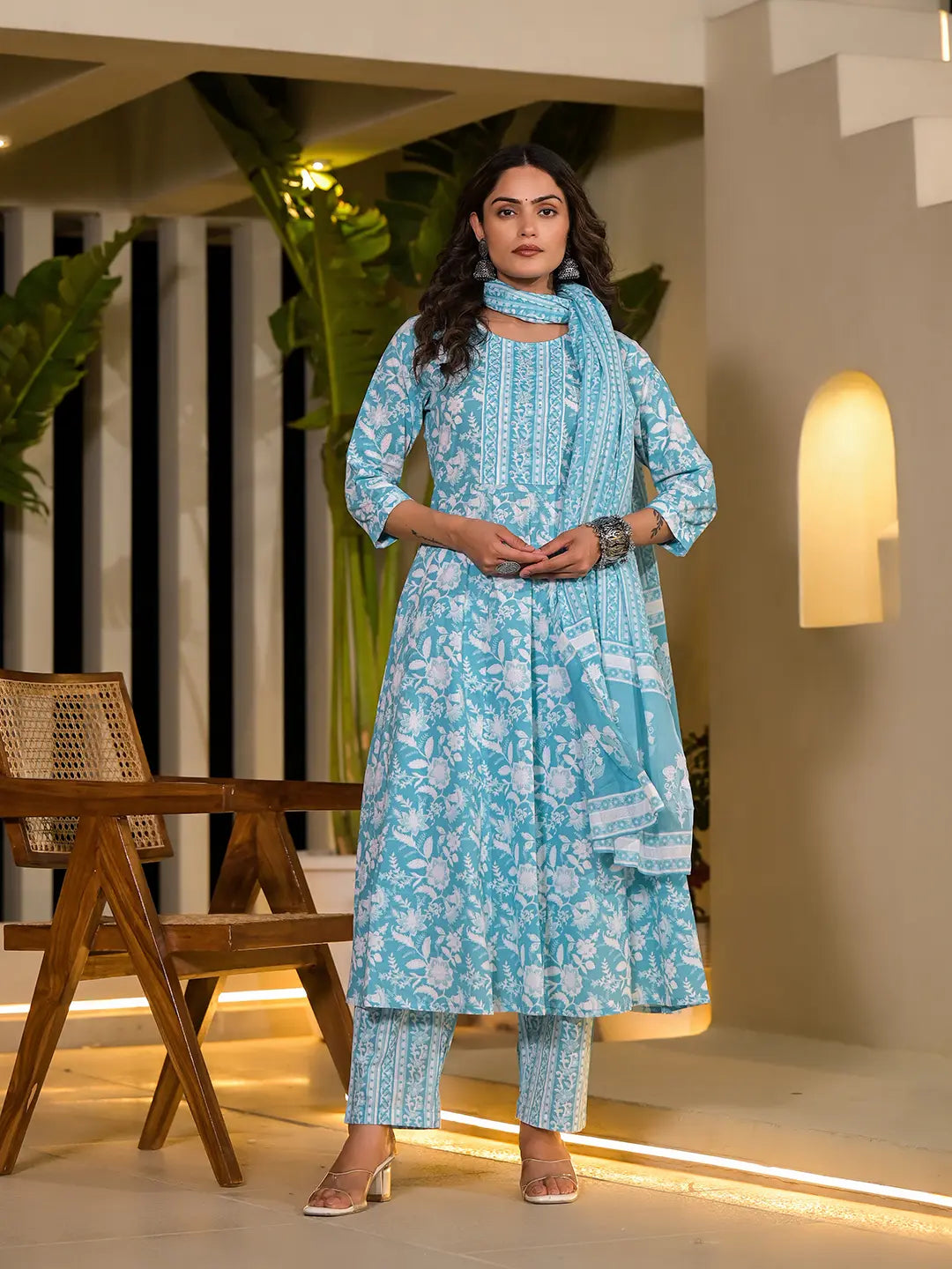 Sky Blue Cotton Anarkali Style Sequins_Work Kurta With Trousers And Dupatta Set-Yufta Store-6892SKDSBS