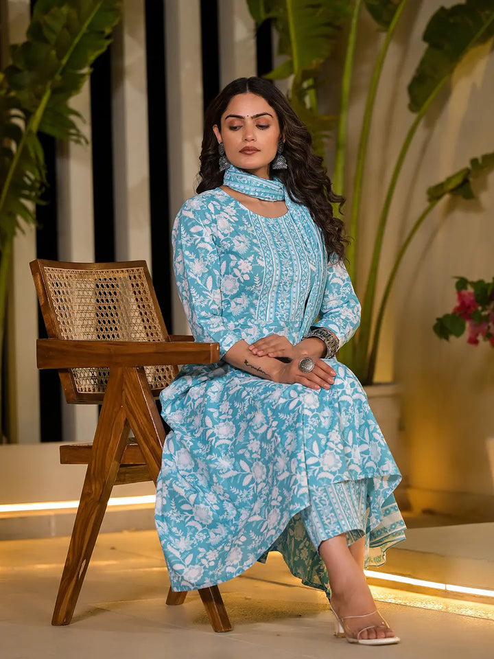 Sky Blue Cotton Anarkali Style Sequins_Work Kurta With Trousers And Dupatta Set-Yufta Store-6892SKDSBS