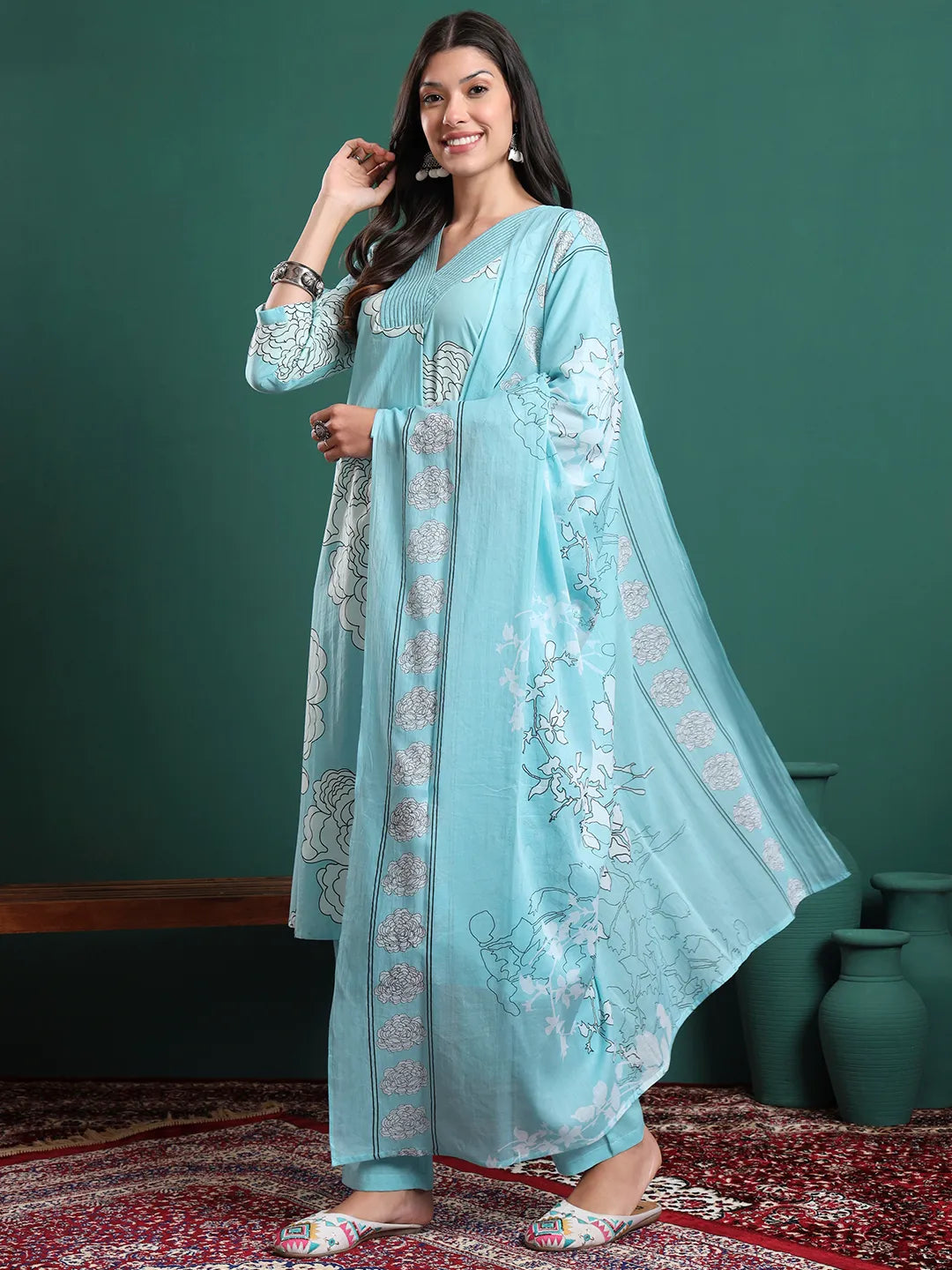Sky Blue Cotton Floral Print A-Line Kurta Pants & Dupatta Set