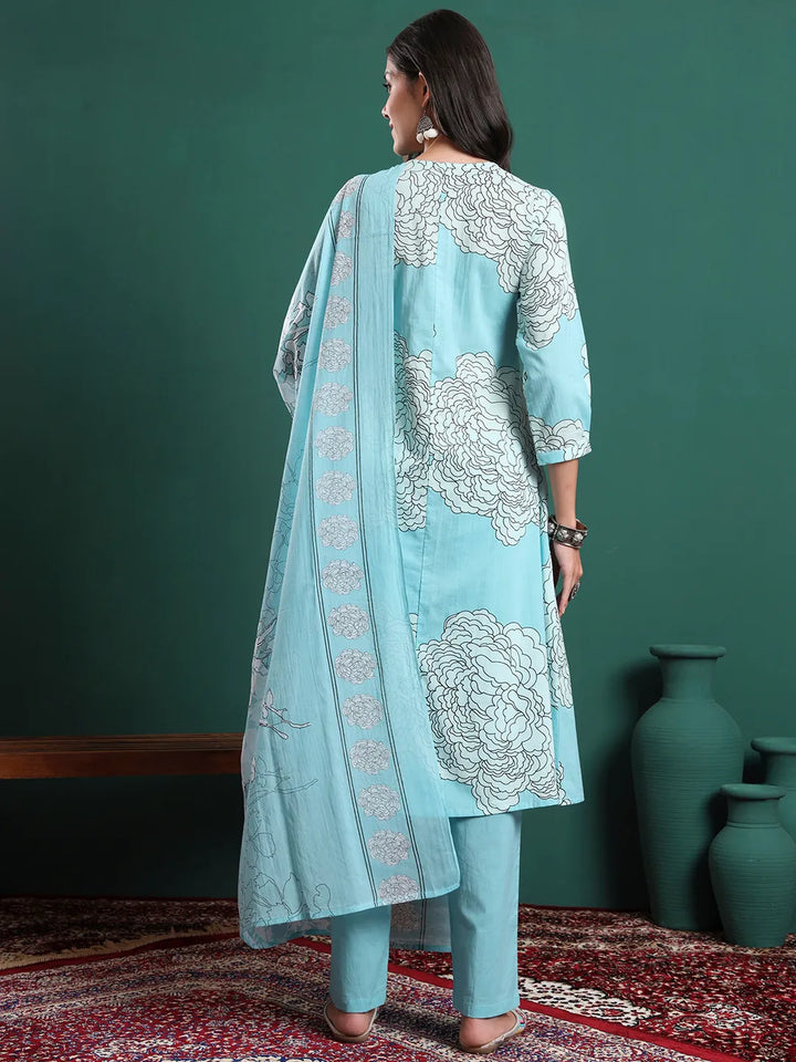 Sky Blue Cotton Floral Print A-Line Kurta Pants & Dupatta Set
