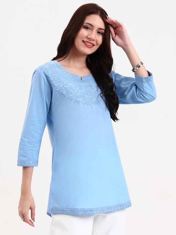 Sky Blue Cotton Straight Peplum Top-Yufta Store-6662TOPSBS