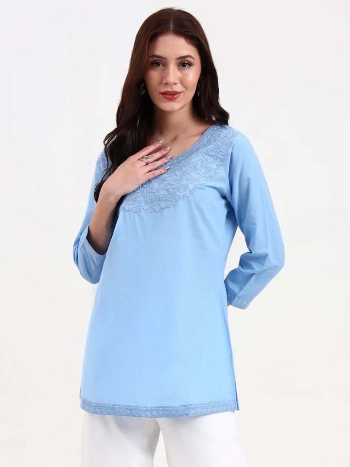 Sky Blue Cotton Straight Peplum Top-Yufta Store-6662TOPSBS