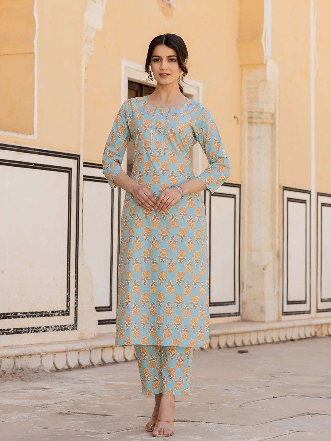Yash Gallery Women's Floral Printed Anarkali Kurta Set With Pant - Blue Embroidered Sequins Work Indian Outfit, XXL Size