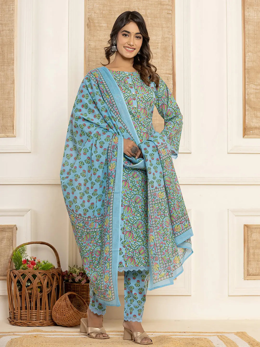 Sky Blue Leaf Print Cotton Pakistani Style Kurta And Trousers With Dupatta-Yufta Store-1015SKDBLS