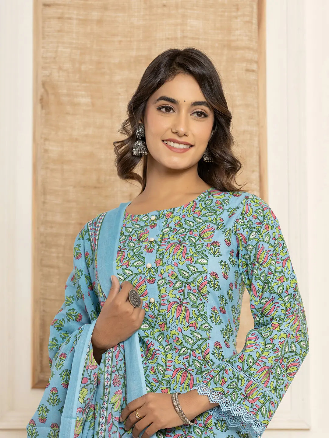 Sky Blue Leaf Print Cotton Pakistani Style Kurta And Trousers With Dupatta-Yufta Store-1015SKDBLS