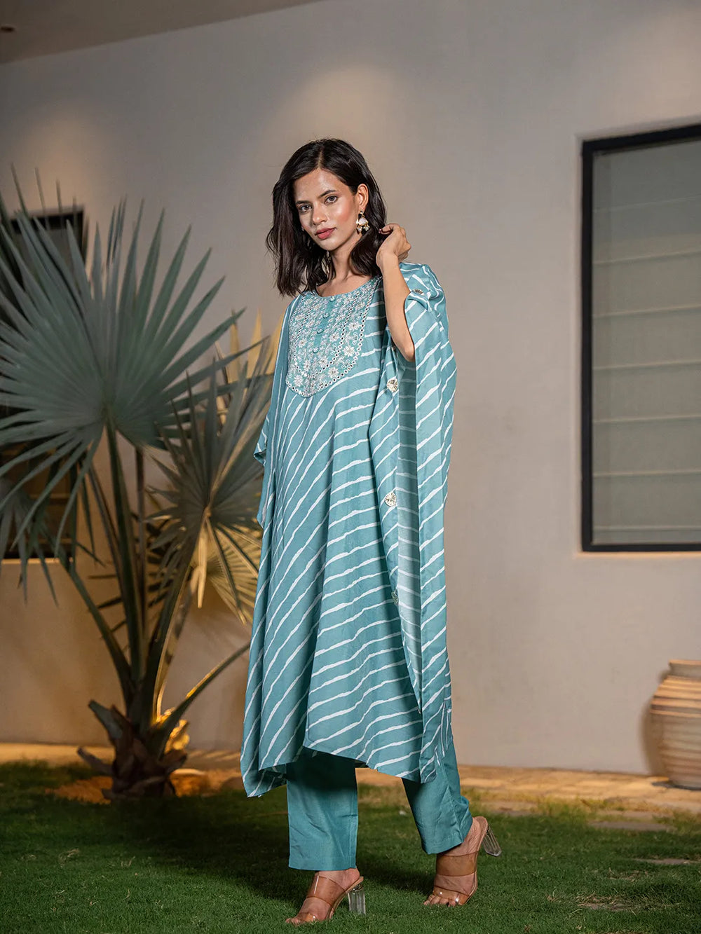 Sky Blue Leheriya Embroidered Kaftan Kurta Set-Yufta Store-6898SETSBS