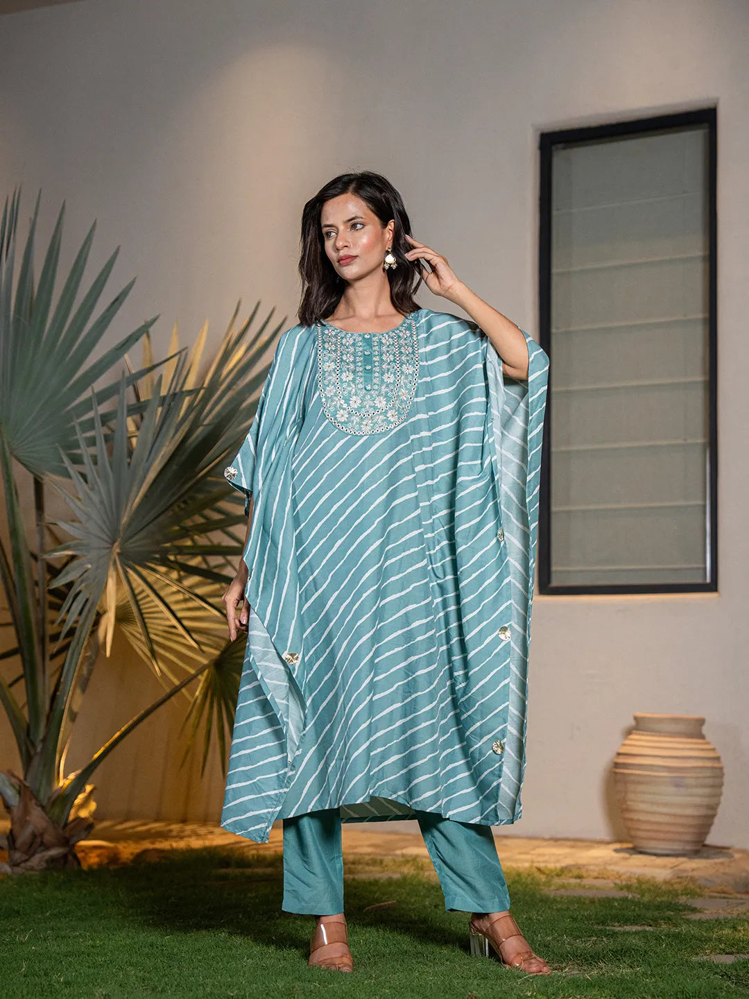 Sky Blue Leheriya Embroidered Kaftan Kurta Set-Yufta Store-6898SETSBS