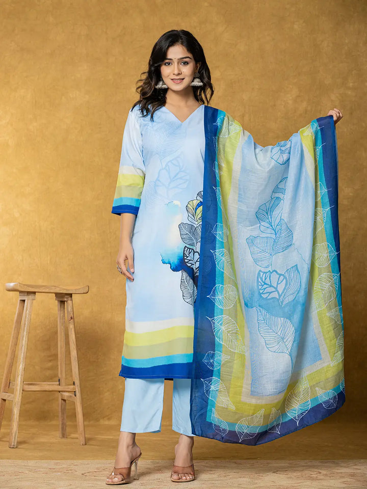 Sky Blue Linen Floral Kurta Dupatta Pant Set-Yufta Store-7320SKDSBS