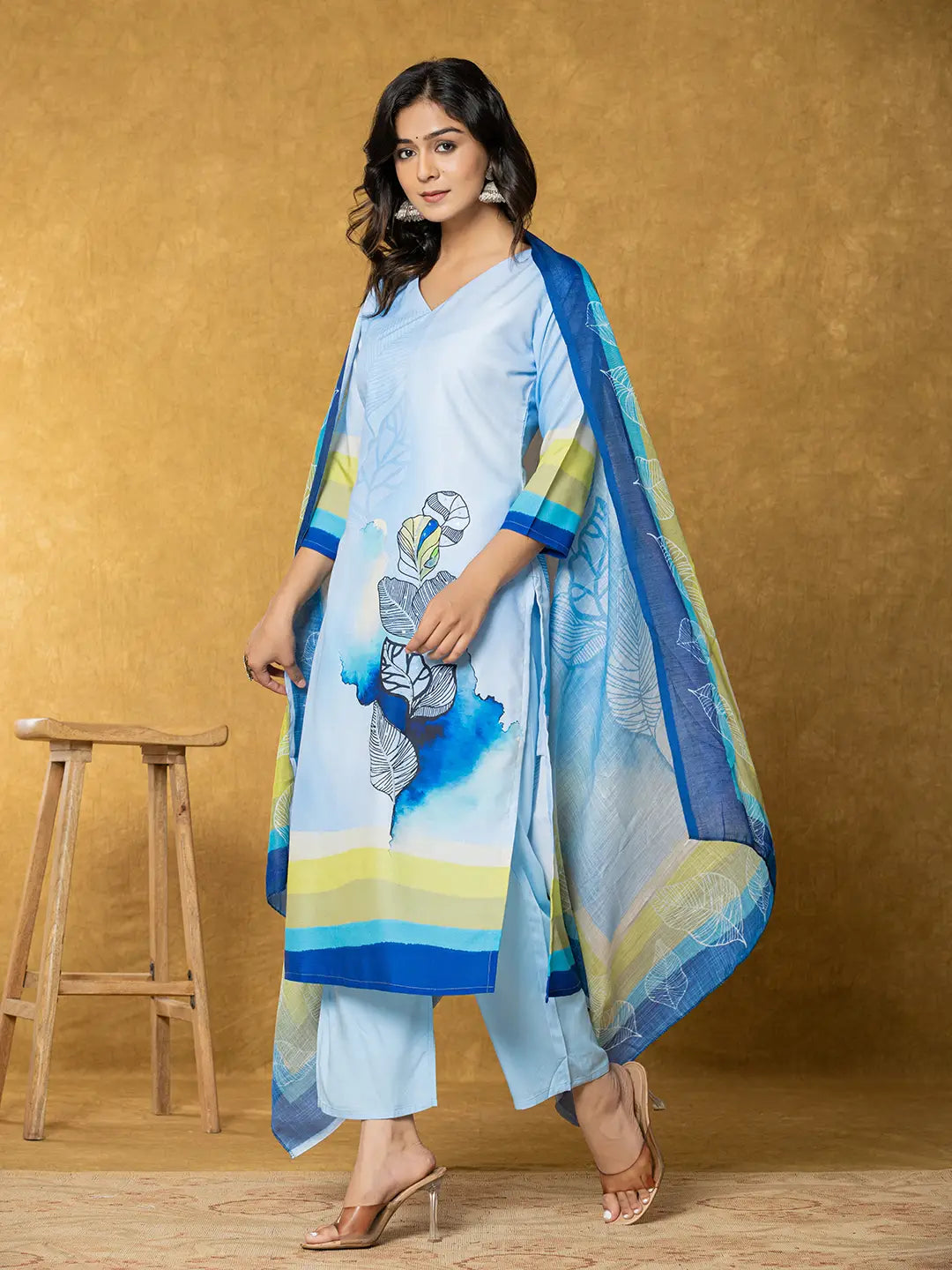 Sky Blue Linen Floral Kurta Dupatta Pant Set-Yufta Store-7320SKDSBS