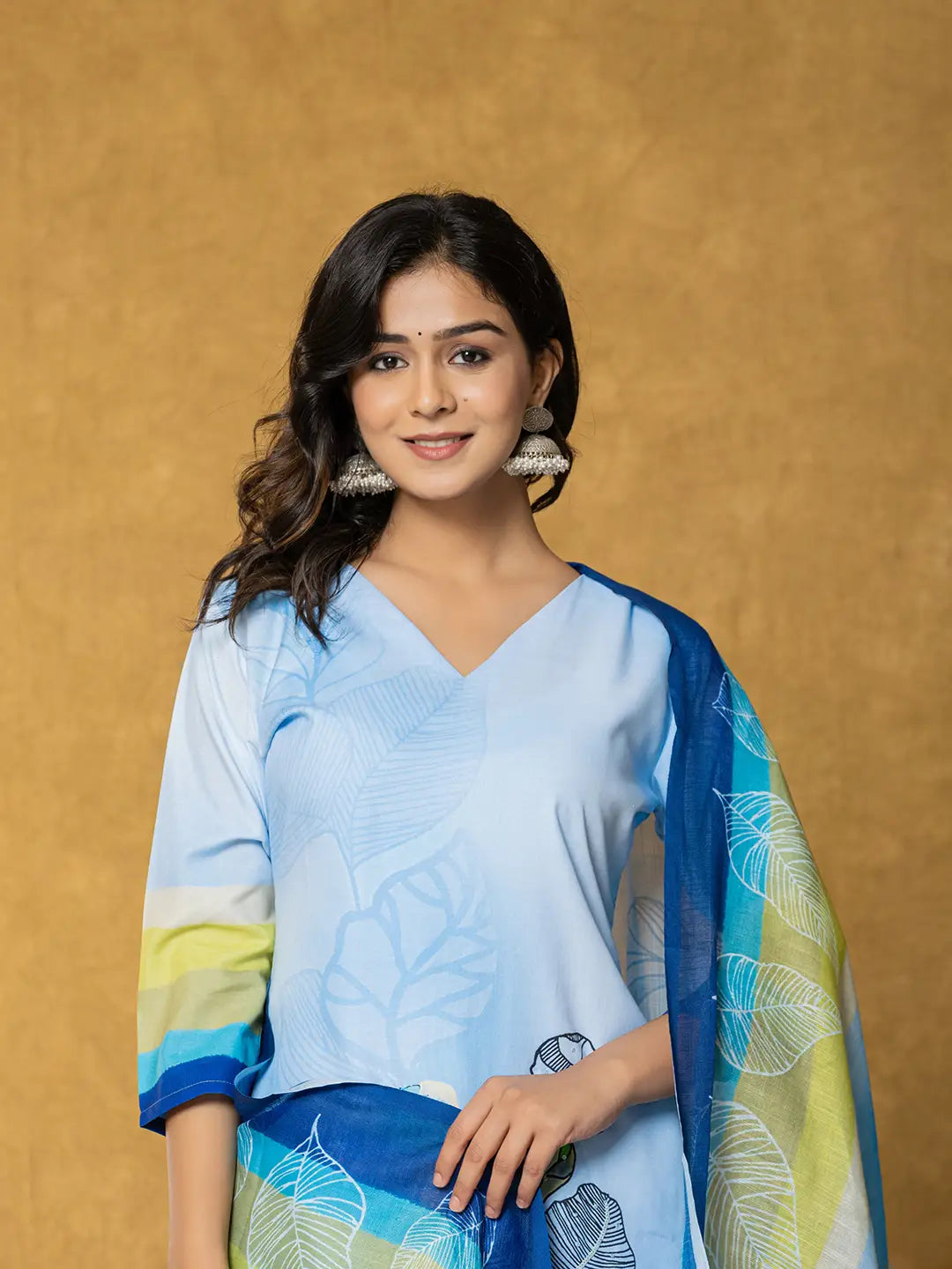 Sky Blue Linen Floral Kurta Dupatta Pant Set-Yufta Store-7320SKDSBS