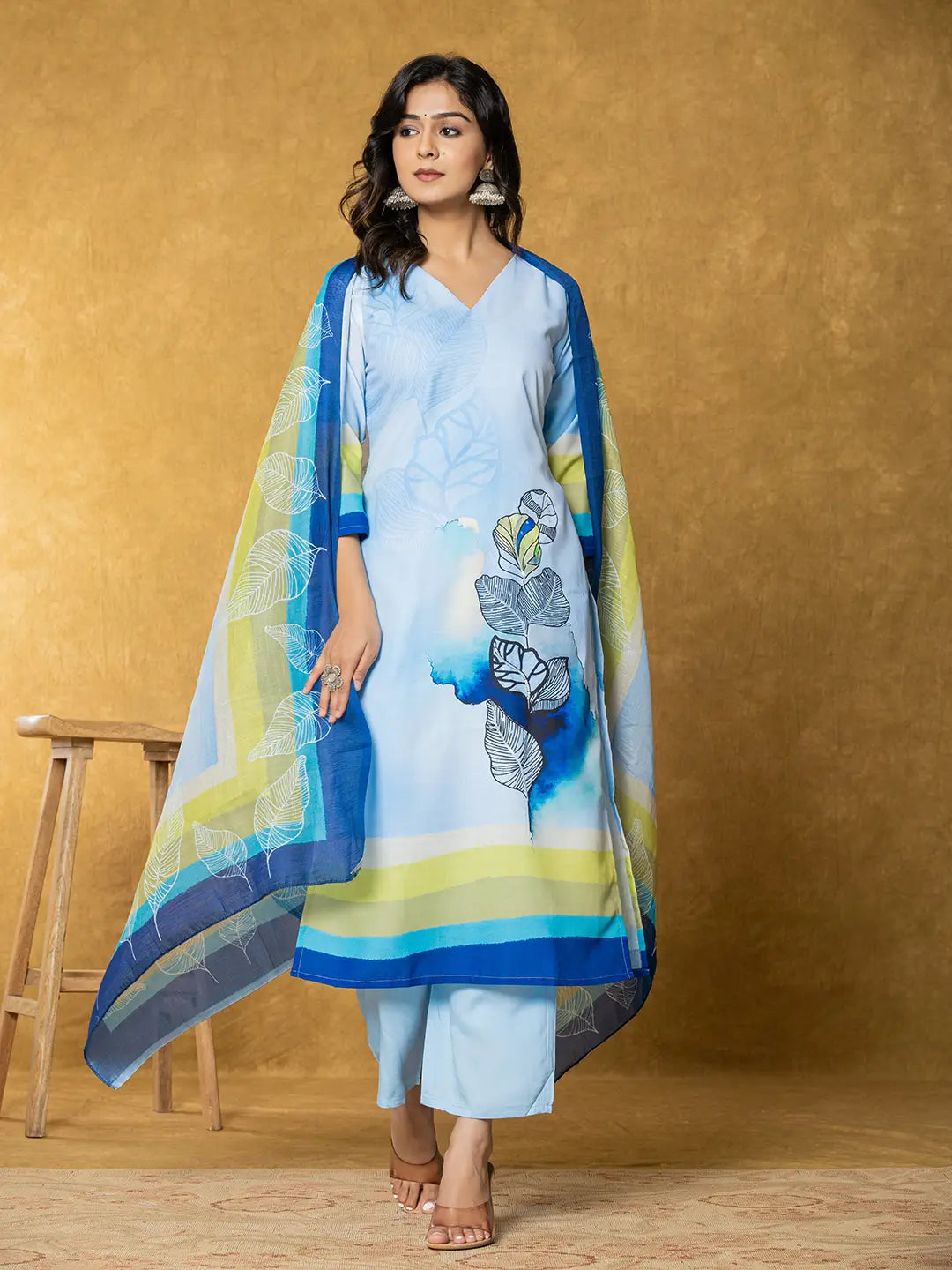 Sky Blue Linen Floral Kurta Dupatta Pant Set-Yufta Store-7320SKDSBS