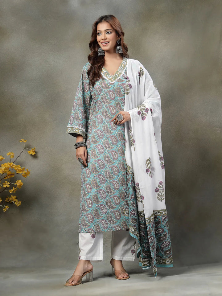 Sky Blue Paisley Cotton Straight Kurta White Trouser White Dupatta Set