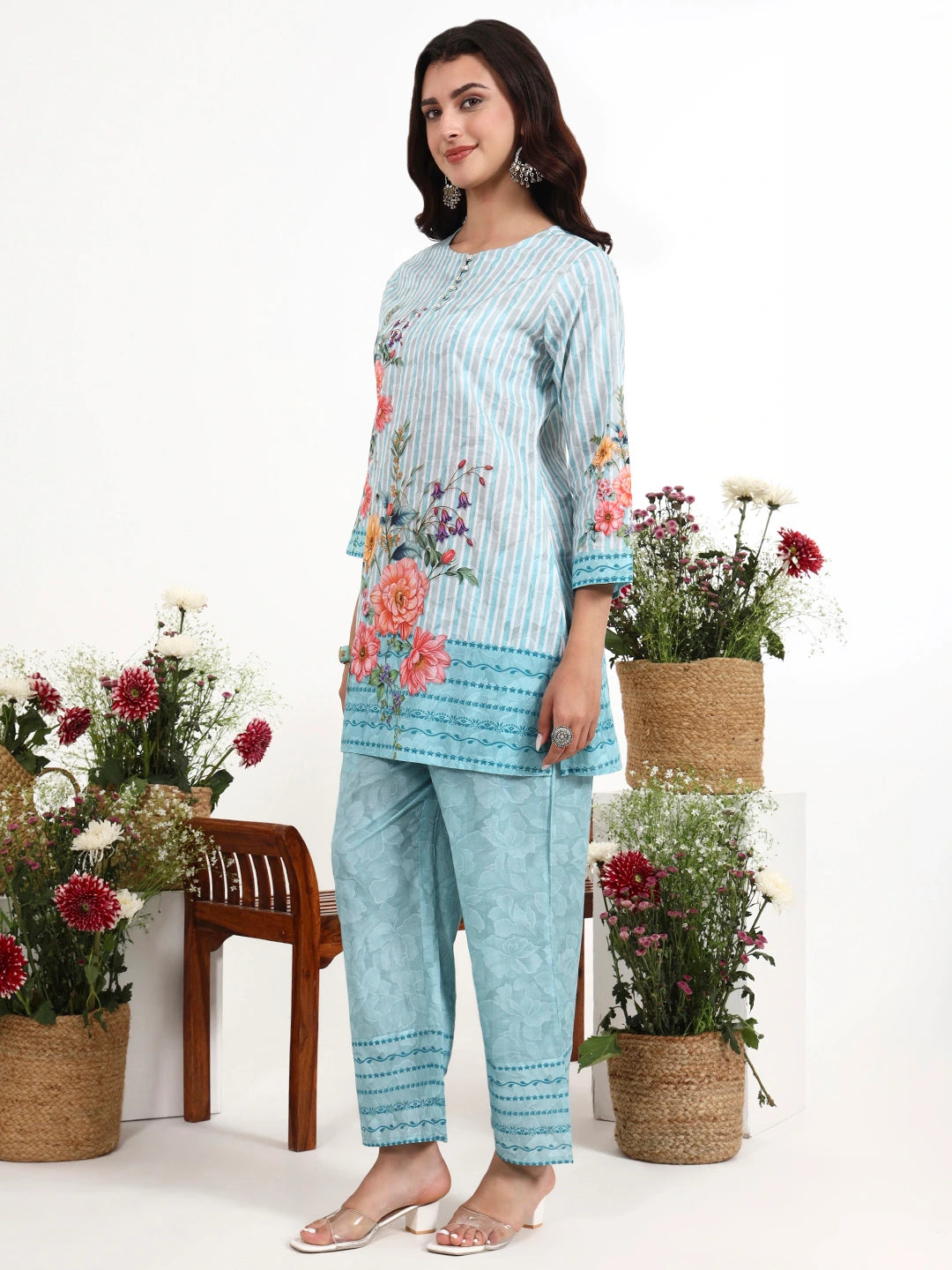 Sky Blue Printed Cotton Co-Ord Set-Yufta Store-7492CRDSBM