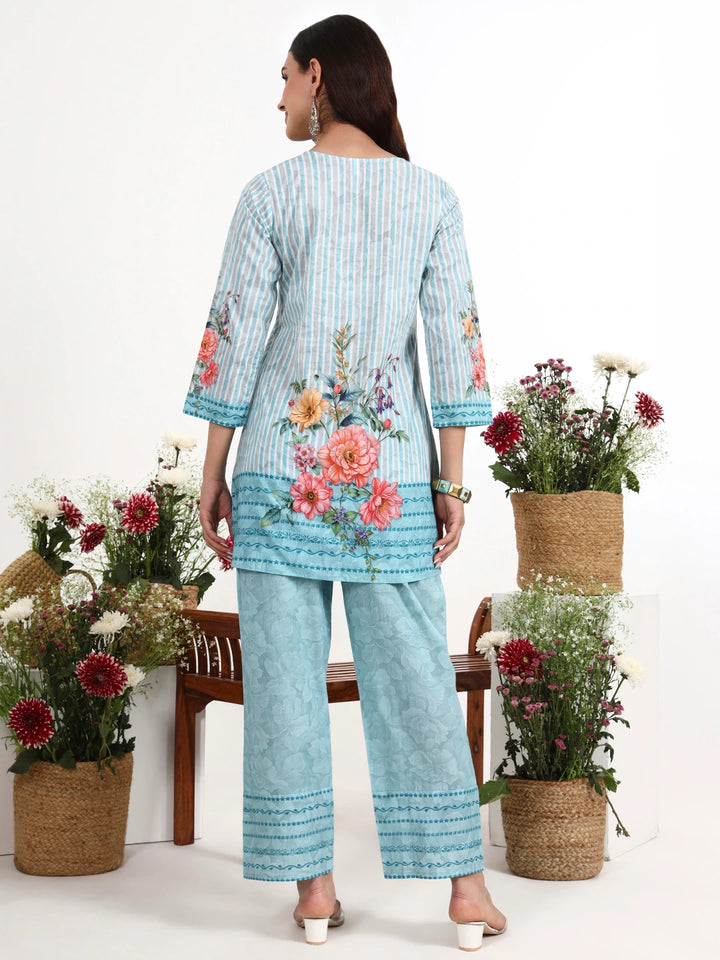 Sky Blue Printed Cotton Co-Ord Set-Yufta Store-7492CRDSBM