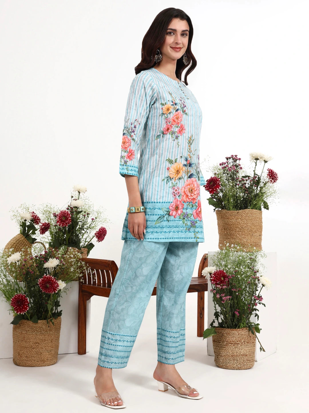 Sky Blue Printed Cotton Co-Ord Set-Yufta Store-7492CRDSBM
