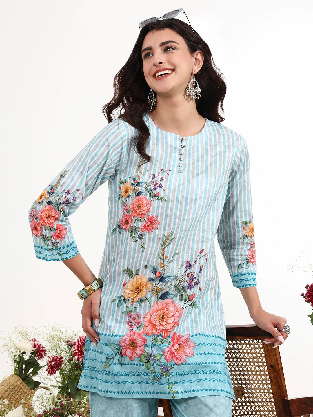 Sky Blue Printed Cotton Co-Ord Set-Yufta Store-7492CRDSBM