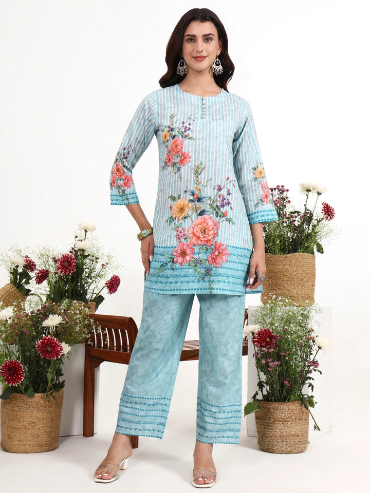 Sky Blue Printed Cotton Co-Ord Set-Yufta Store-7492CRDSBM